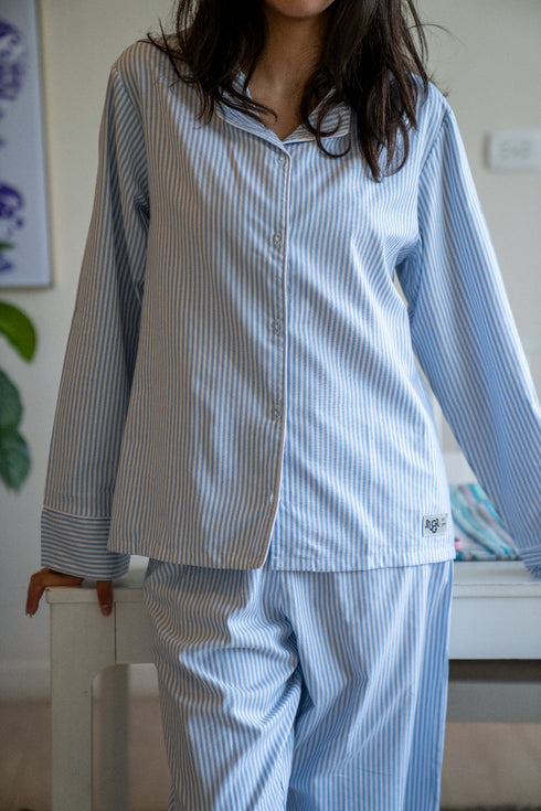 Women summer pajama set Light Blue Stripes Buttoned shirt + Pants